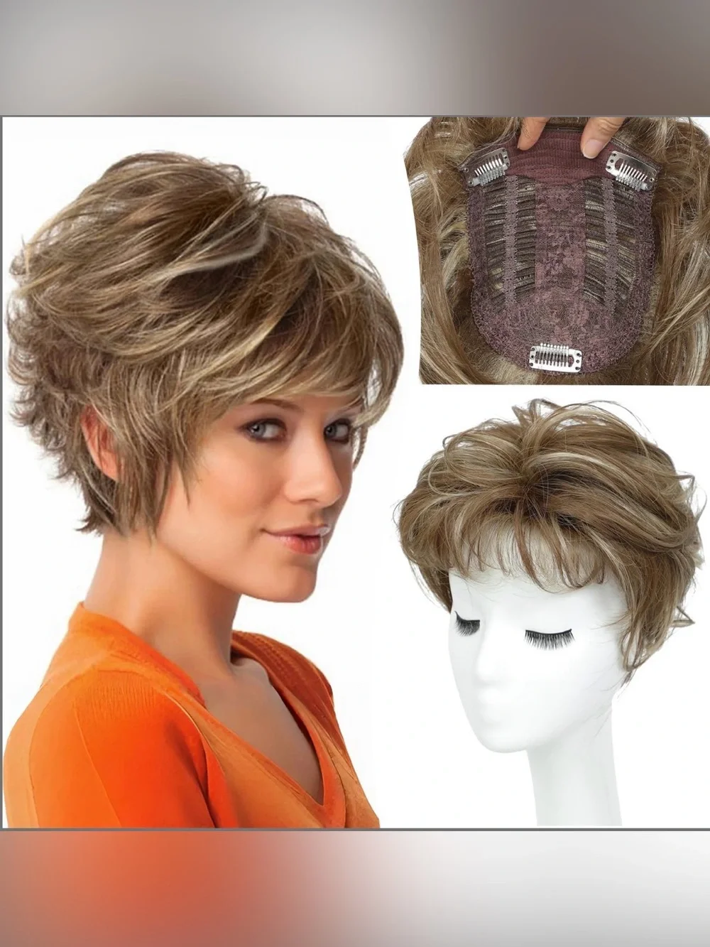 UDU Hair Topper Short Pixie Cut Toppers Women Deep Almond Brown with Highlights